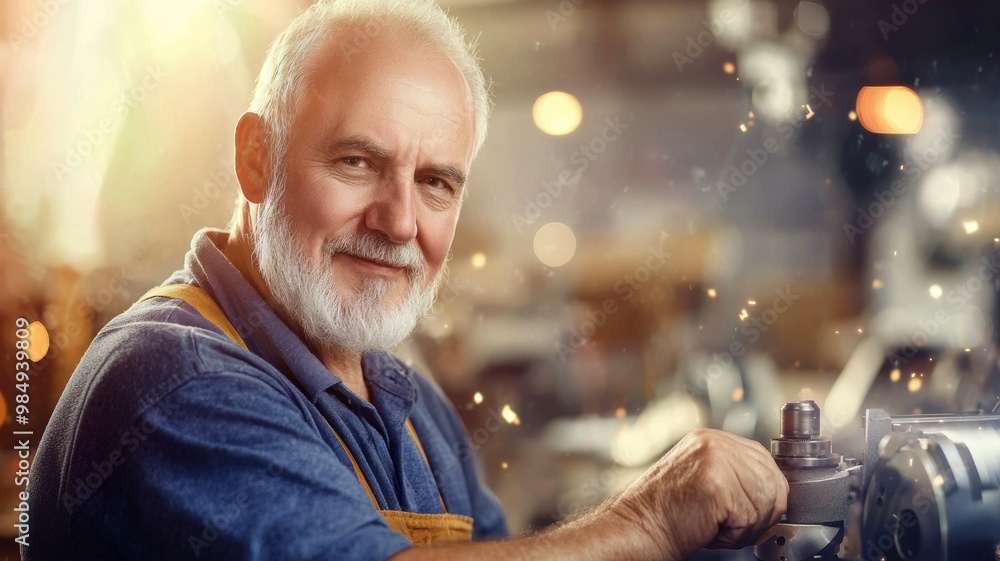 Poster a man with a beard and a mustache is smiling at the camera