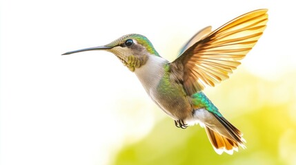 A Green and Brown Hummingbird in Flight with Spread Wings