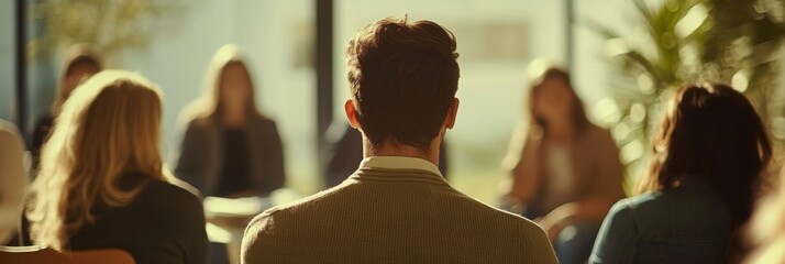 A blurred background highlights the speaker and audience dynamic.