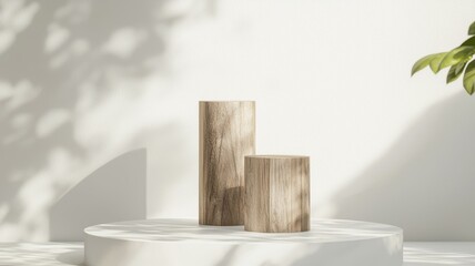 Two wooden planks are on a white pedestal