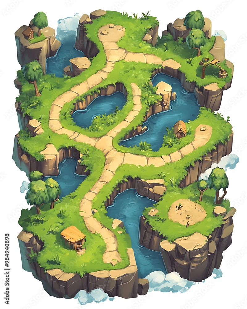 Poster top down view of a fantasy island with a dirt path and water features, suitable for game design