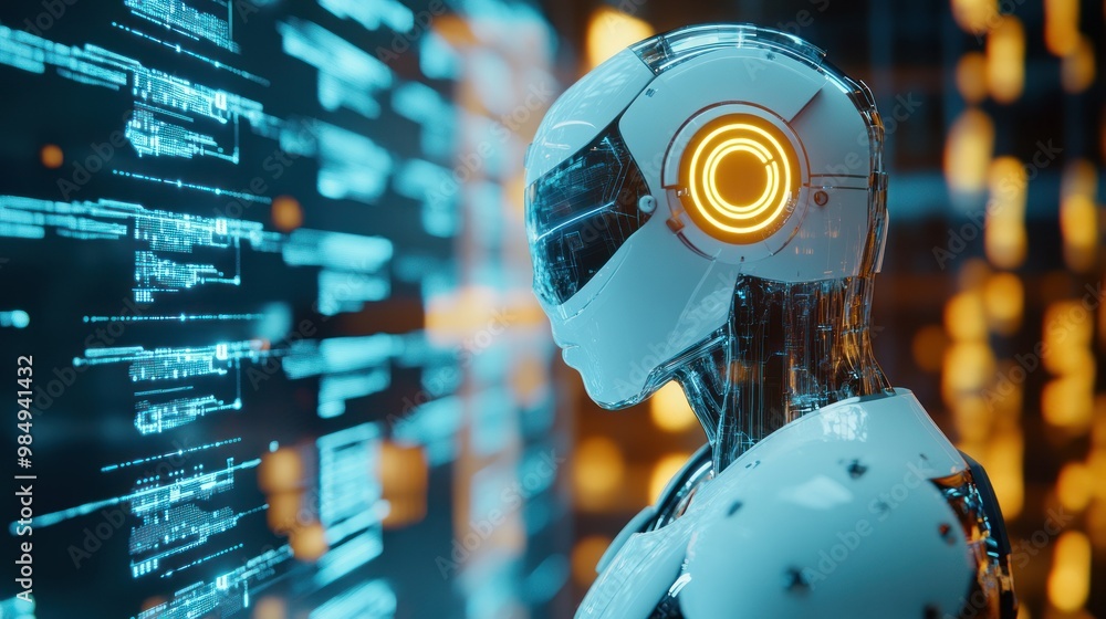 Poster futuristic robot with glowing head and data screen