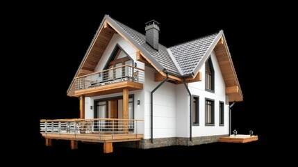 Detailed white model house with porch and chimney