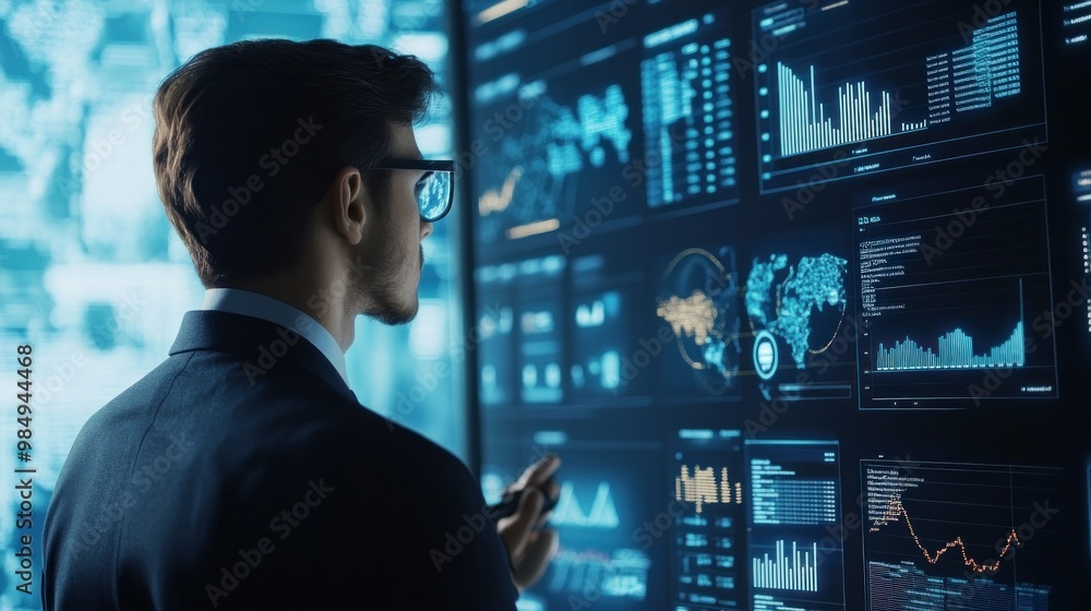 Poster a businessman analyzing data on multiple screens in a dark room