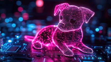 A glowing digital dog made of pink and blue neon lights on a circuit board.