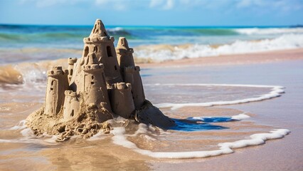 Fototapeta premium Sandcastle Eroding Under Gentle Waves on Sunny Beach