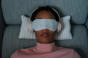 Black female patient resting during ketamine therapy session for mental health, wearing eye mask and headphones