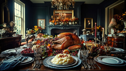 Fototapeta premium Luxurious table setting with traditional Thanksgiving dishes, roast turkey, mashed potatoes, cranberry sauce, pumpkin pie against autumn decorations in home, USA, holiday, celebration, seasonal food