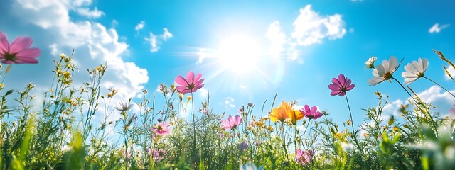 In the foreground, various wildflowers bloom in an open field under the bright sunshine. The sky is blue with white clouds, and there's some lens flare.