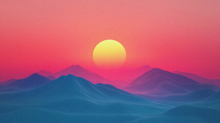 Sunset Over Mountains: A vibrant, surreal landscape with a large, yellow sun setting behind a range of blue mountains. The sky is a gradient of pink and orange, creating a dramatic and atmospheric bac