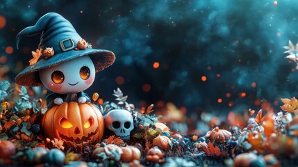 Adorable Halloween Pumpkin Characters in Witch Hats Surrounded by Autumn Leaves