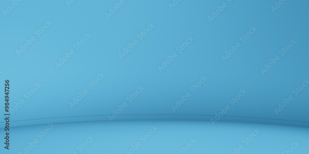 Poster blue minimalist curved studio for product presentation. empty room with shadows of palm leaves. 3d r