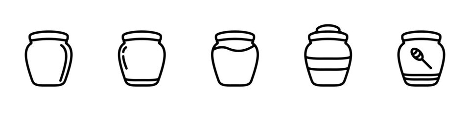 Honey jar vector icon set. A jar of bright honey. Honey vector linear icon. Outline of a jar of honey. Beekeeping logo. A stylish jar of honey. Vector illustration.