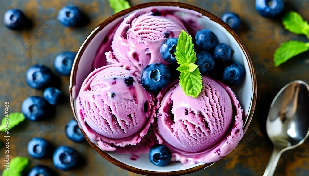 Wall mural delicious blueberry ice cream captured from above