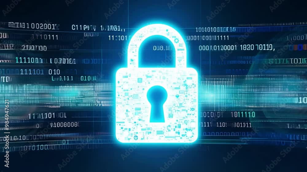 Poster A glowing digital padlock is centered in a dark space filled with flowing binary code, illustrating the theme of cybersecurity and data security in modern technology.