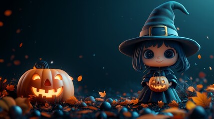 Adorable Halloween Pumpkin Characters in Witch Hats Surrounded by Autumn Leaves