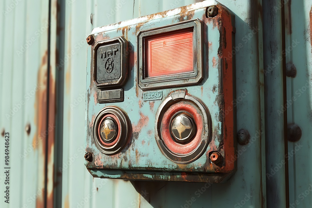 Poster rusty sci fi control panel with buttons, lights, and a screen