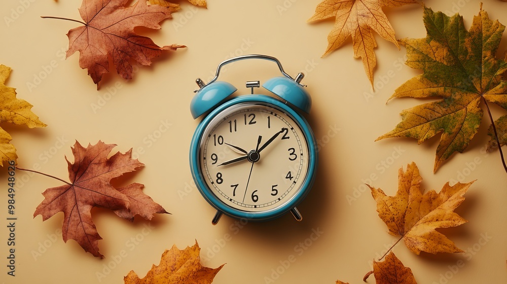 Wall mural an alarm clock surrounded by autumn leaves on a beige background, symbolizing the seasonal time chan