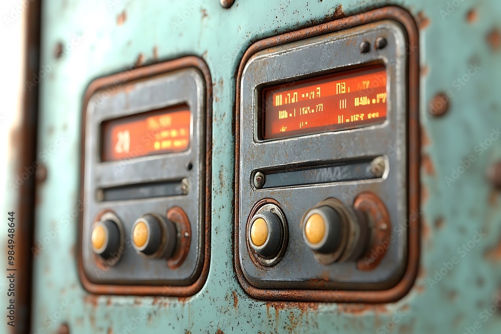 Poster rusty and worn futuristic radio panel with buttons and display. sci fi technology, retrofuturism, cy