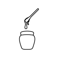 Honey jar vector icon. A jar of bright honey. Honey vector linear icon. Outline of a jar of honey. Beekeeping logo. A stylish jar of honey. Vector illustration.