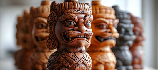 A row of intricately carved wooden tiki statues, showcasing unique designs and expressions, set against a natural backdrop.
