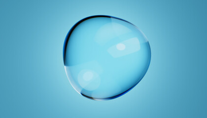 Abstract water bubble on blue background. Blue distorted droplet floating, Purity concept. 3d render illustration