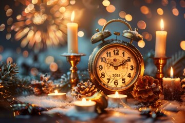 A vintage clock counting down to midnight on New Year's Eve with fireworks illuminating the night sky
