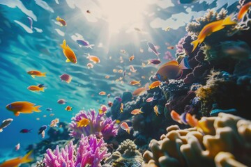Obraz premium A colorful fish tank with many different types of fish swimming around, generative ai image
