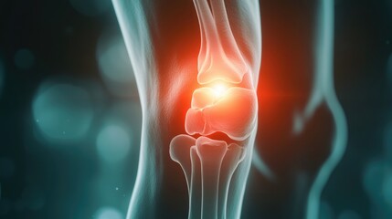 X-ray image of a human knee with the joint highlighted in red, suggesting pain or injury.