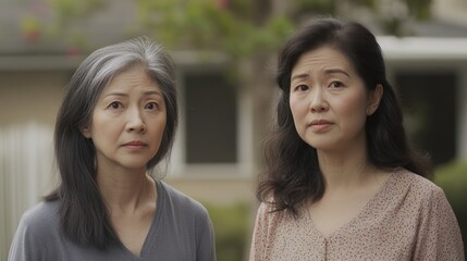 Two Asian women with serious expressions standing outdoors
