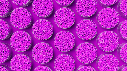 Top view on grid of glasses filled with violet plastic polypropylene granules, masterbatch polymer grain. HDPE or PVC resin pellets. 3d render illustration