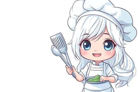 recommend clip art: Cute chibi anime chef girl with cooking utensils isolated on white