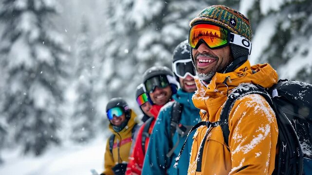 Smiling friends dressed in colorful ski gear and goggles stand together in snowy forest. snowy backdrop and vibrant clothing highlight excitement of their winter adventure.