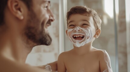 Father, boy and mirror in home for learning facial care, grooming and bonding with love.
