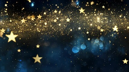 Enchanting background featuring dark navy blue background with scattered shimmering gold stars and sparkling bokeh lights. ideal for festive, holiday, and celebration design projects.