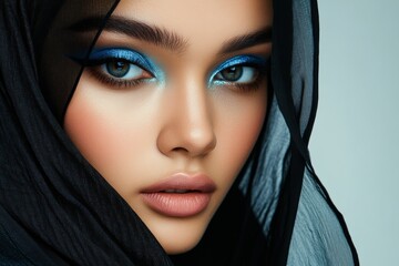 Fototapeta premium A model exhibits striking blue eye makeup and a black hijab, highlighting contemporary beauty and fashion trends with a serene expression