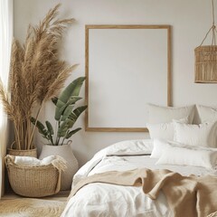 Coastal Boho Home Interior with Mockup Poster Frame for Scandinavian Design Lovers