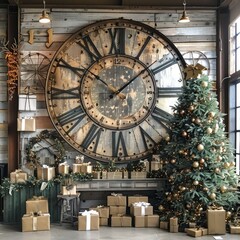 Fototapeta premium Intricately designed vintage clock striking twelve amidst festive decorations to welcome the New Year in 2025 with warm golden lights
