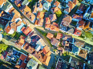 Roofs of old Bergen, aerial drone shot, Norway