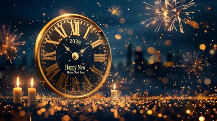 A golden clock signaling midnight with festive candles and fireworks celebrating the New Year in a joyful atmosphere