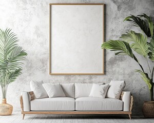 Coastal Style Poster Mockup. Modern Home Office Interior with Natural Pastel Colors