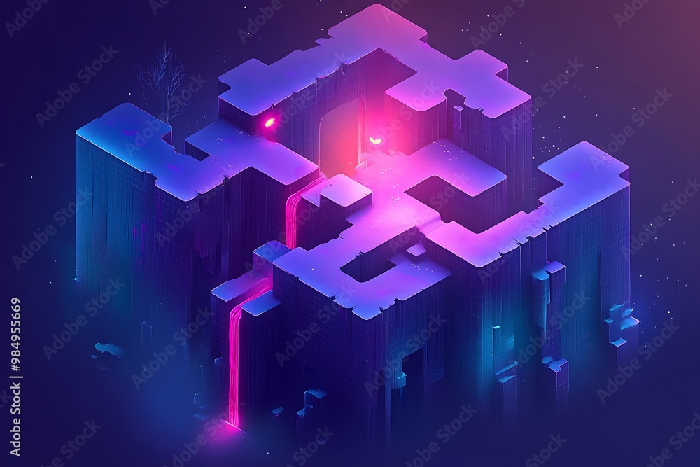 Sticker Abstract isometric 3D maze with glowing neon light effects