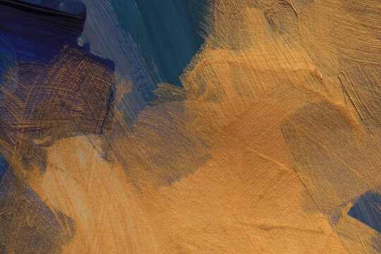 Art Oil and Acrylic brushstroke smear blot painting. Abstract marble texture color stain background. Gold, blue tone.