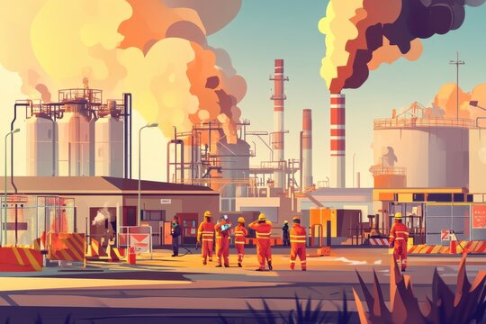 Illustration of safety team conducting a coordinated emergency drill at an industrial site with smoke, equipment, and teamwork