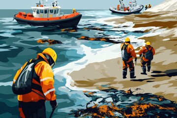 Illustration of coordinated response team in safety suits managing environmental cleanup on coastal shore