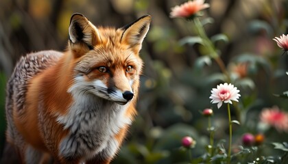 Vibrant red fox amidst a blossoming garden of colorful flowers