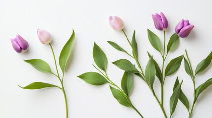 Obraz premium Fresh Purple and Pink Tulips on White Background