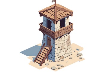 Medieval Watchtower, Stone, Wooden, Isolated, White Background