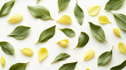 Yellow Petals and Green Leaves on White Background