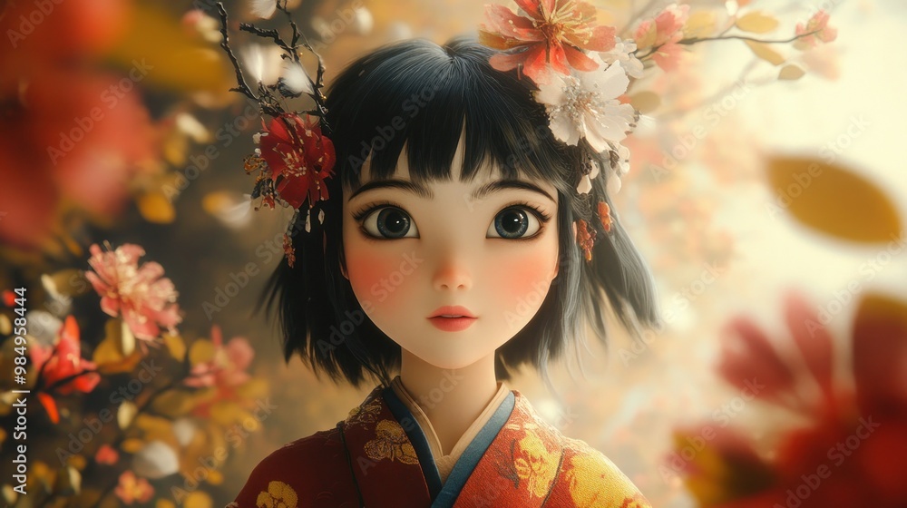 Canvas Prints Anime Girl with Flower Crown and Red Kimono